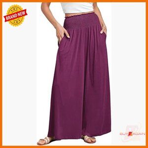 Wide Leg Palazzo Pants Smocked High Waist Casual Lounge with Pockets